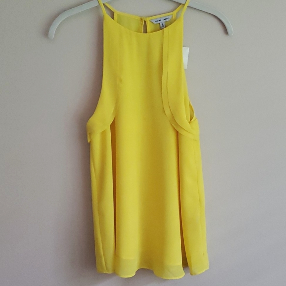 Naked Zebra Yellow Layered Sheer Halter Top Ruffles on Cut-Out Sleeves Small NWT